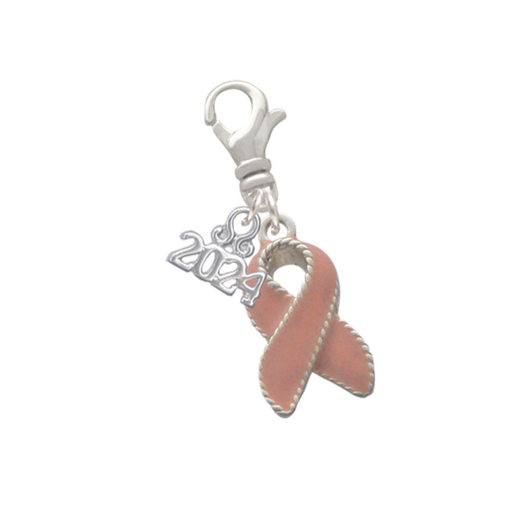 Delight Jewelry Silvertone Pink Ribbon with Stitching Clip on Charm with Year 2024 Image 1