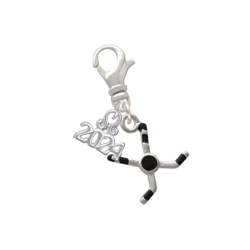 Delight Jewelry Silvertone Hockey Sticks with Puck Clip on Charm with Year 2024 Image 1