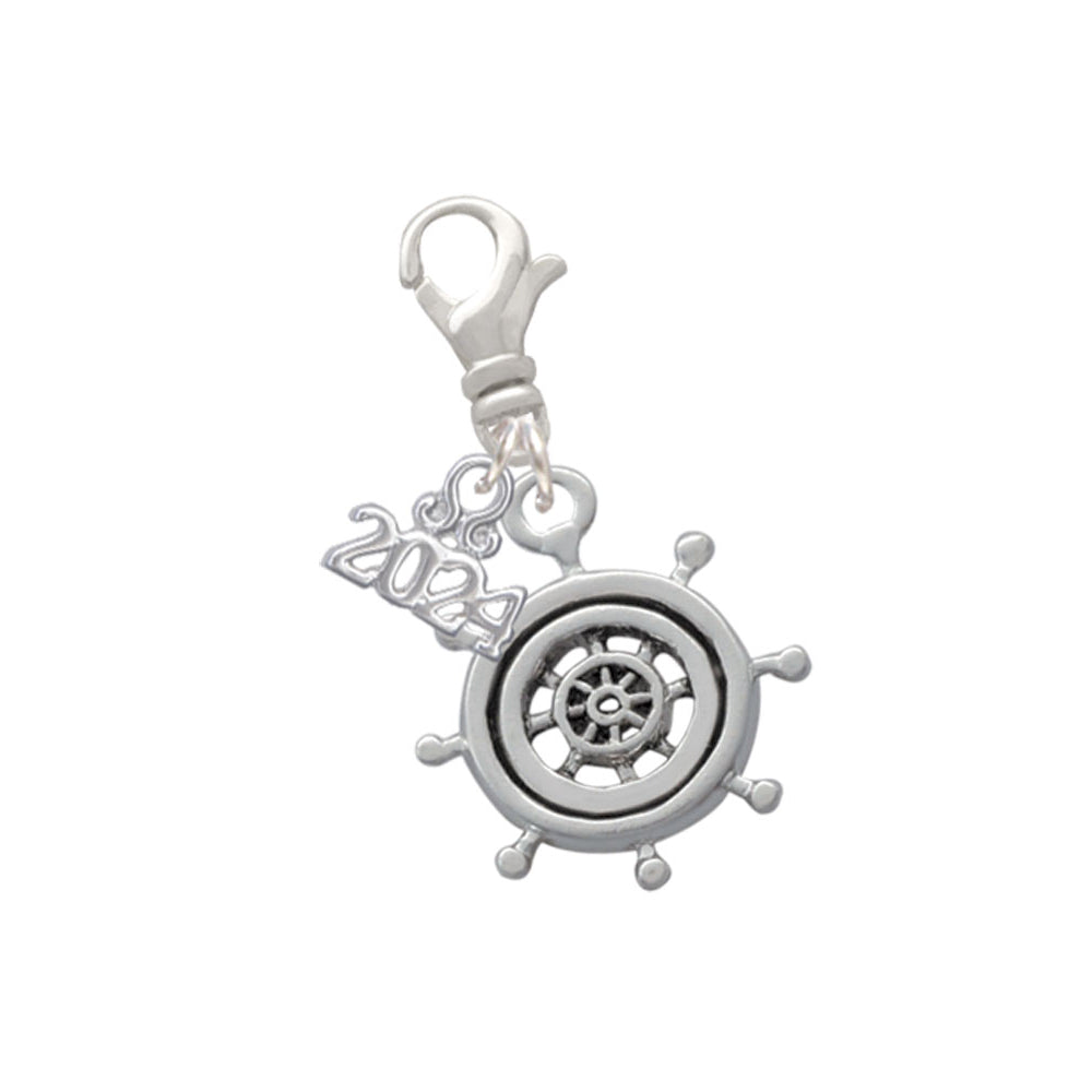 Delight Jewelry Silvertone Antiqued Ship Wheel Clip on Charm with Year 2024 Image 1