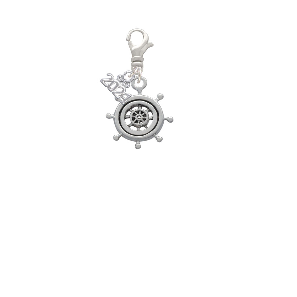 Delight Jewelry Silvertone Antiqued Ship Wheel Clip on Charm with Year 2024 Image 2