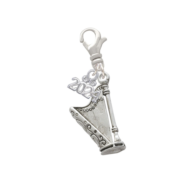 Delight Jewelry Silvertone Harp Clip on Charm with Year 2024 Image 1