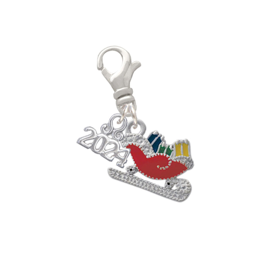 Delight Jewelry Silvertone Red Christmas Sleigh Clip on Charm with Year 2024 Image 1