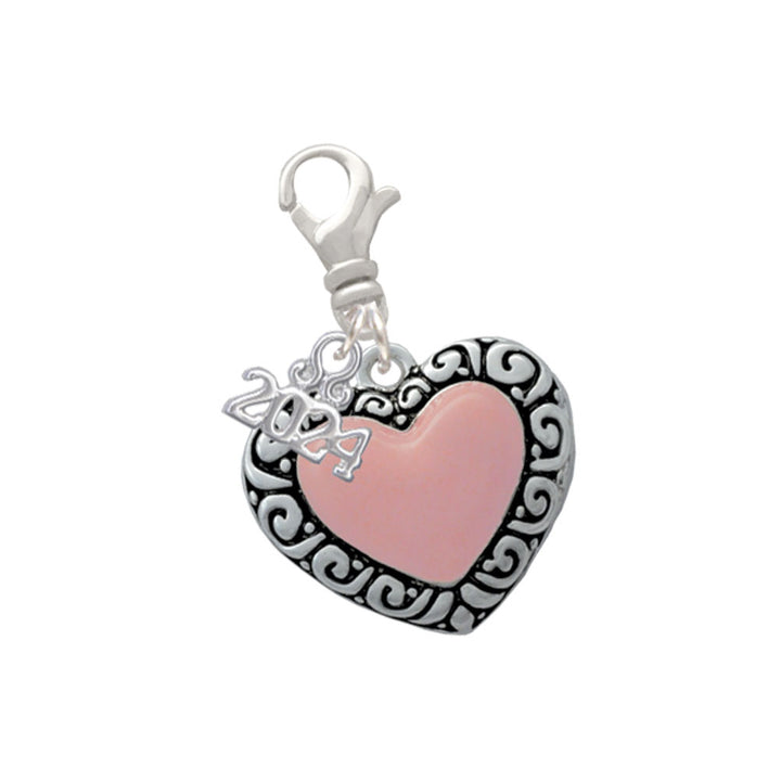Delight Jewelry Silvertone Large Pink Enamel Heart with Swirl Border Clip on Charm with Year 2024 Image 1