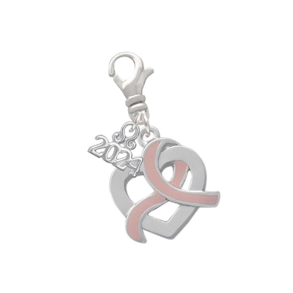Delight Jewelry Heart Outline with Pink Ribbon Looping Through Clip on Charm with Year 2024 Image 1