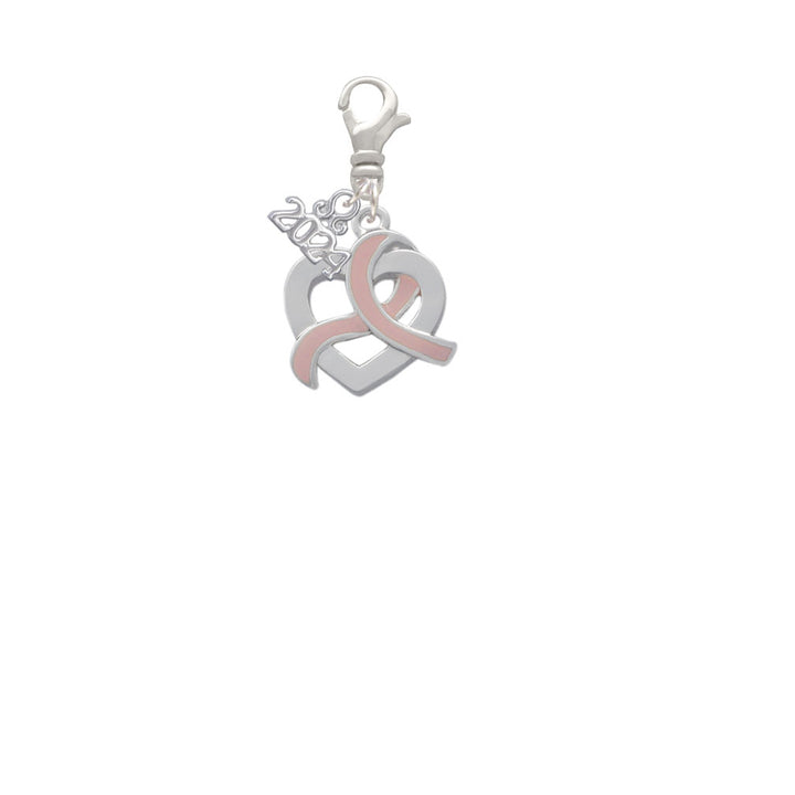 Delight Jewelry Heart Outline with Pink Ribbon Looping Through Clip on Charm with Year 2024 Image 2