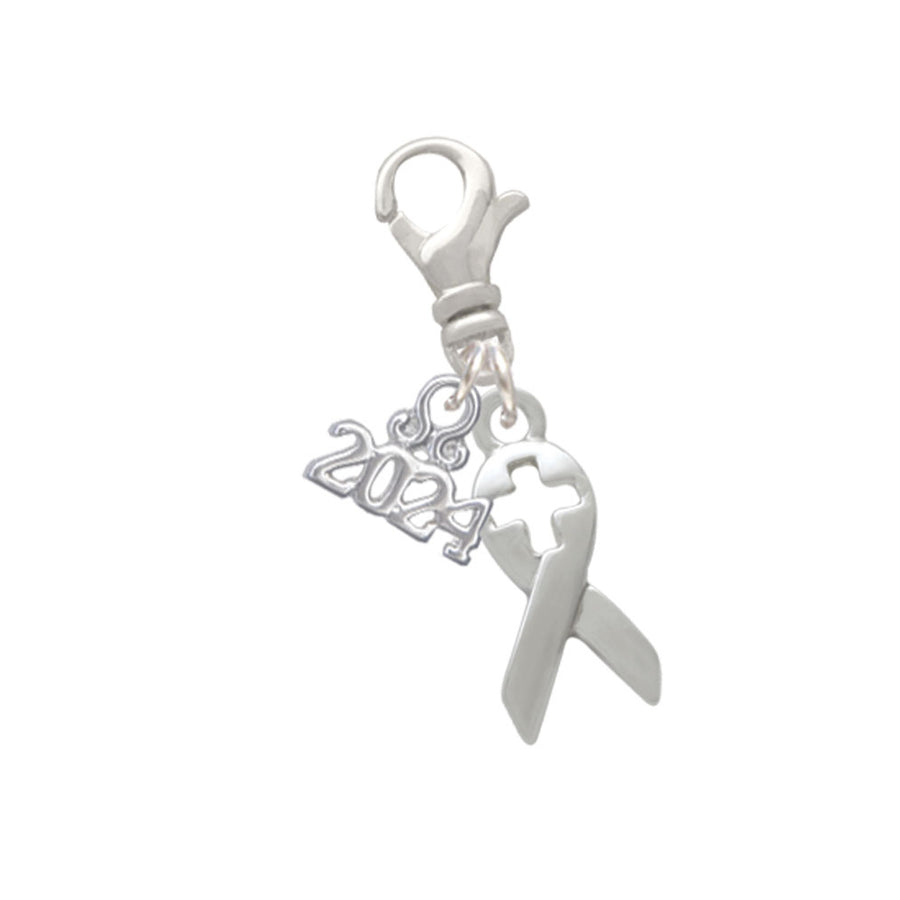 Delight Jewelry Silvertone Ribbon with Cross Cutout Clip on Charm with Year 2024 Image 1
