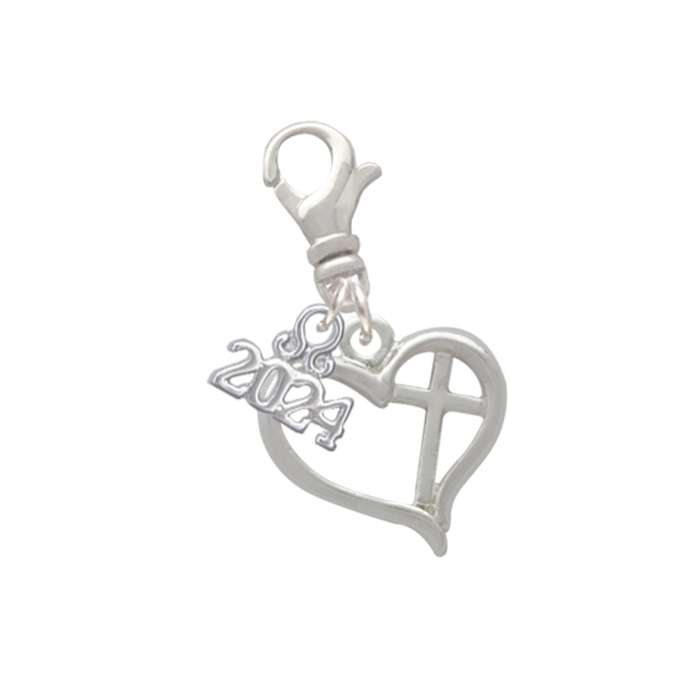 Delight Jewelry Silvertone Heart Outline with diagonal Cross Clip on Charm with Year 2024 Image 1