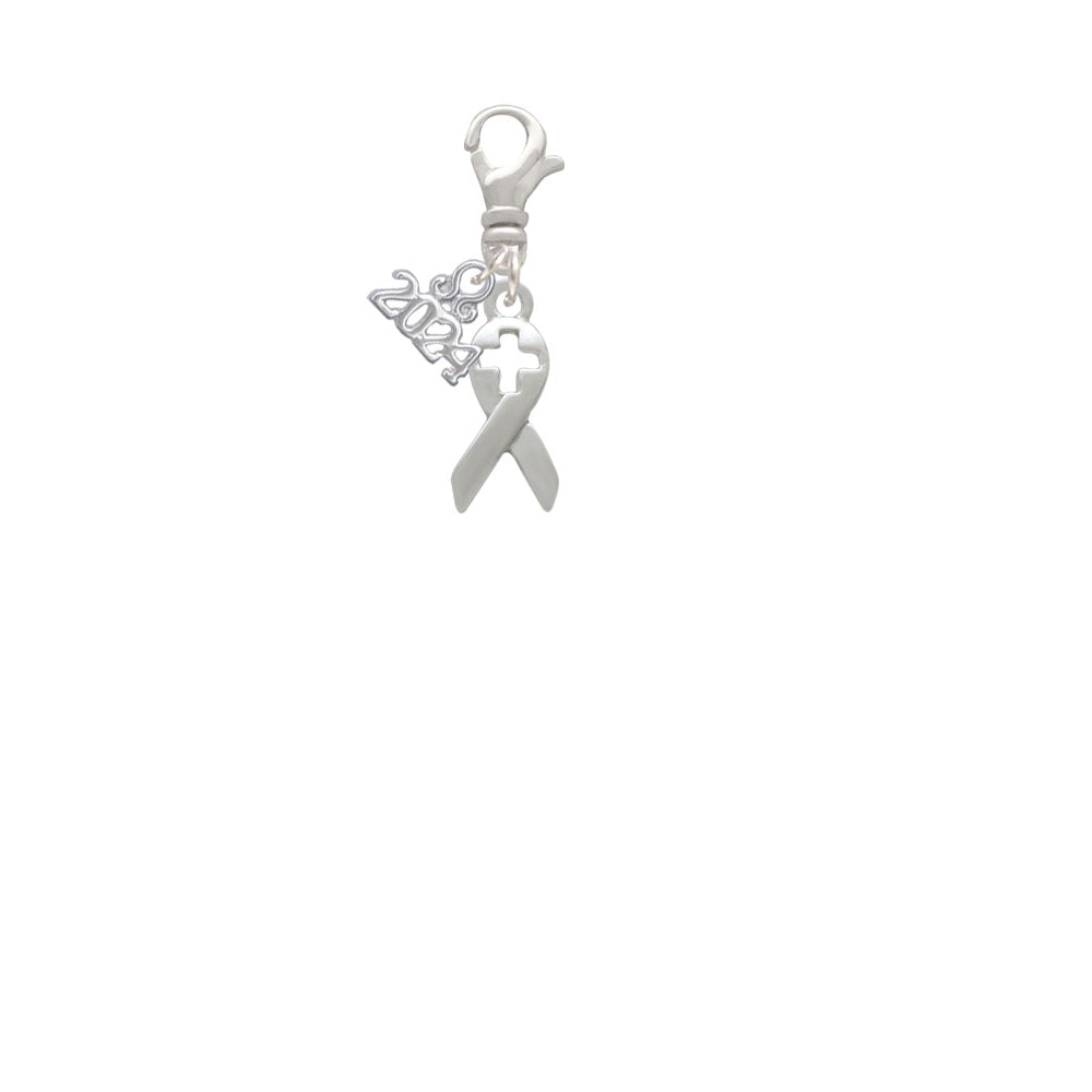 Delight Jewelry Silvertone Ribbon with Cross Cutout Clip on Charm with Year 2024 Image 2