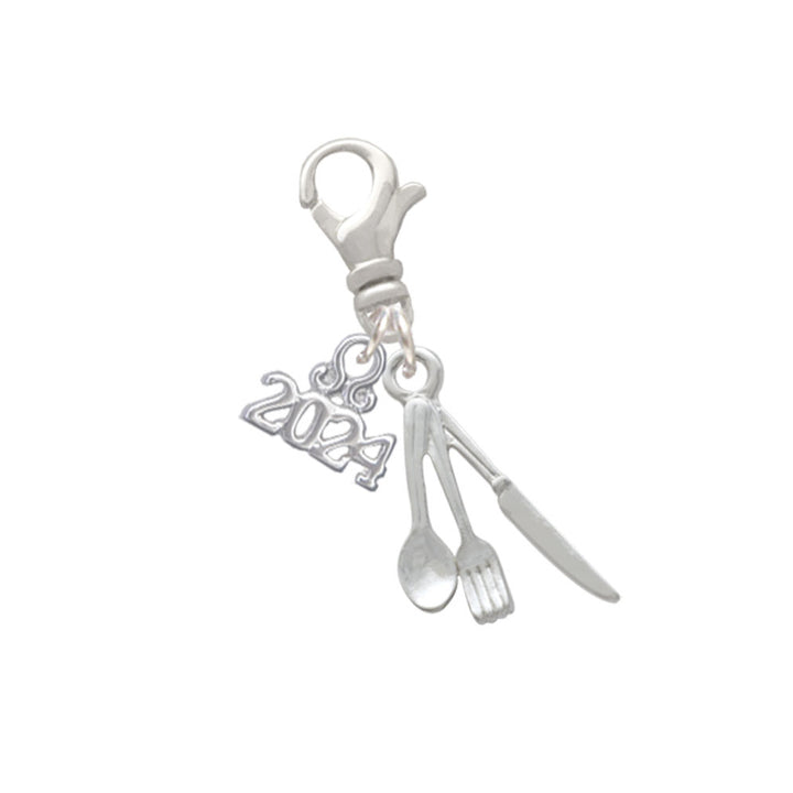 Delight Jewelry Silvertone Fork Knife and Spoon Clip on Charm with Year 2024 Image 1