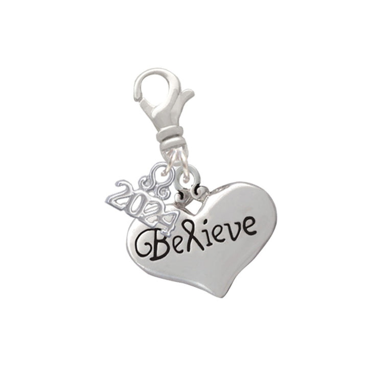 Delight Jewelry Silvertone Large Believe with Ribbon Heart Clip on Charm with Year 2024 Image 1