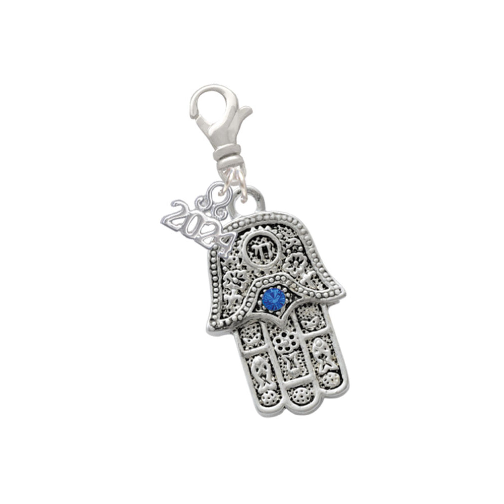 Delight Jewelry Silvertone Hamsa Hand with Blue Crystal Clip on Charm with Year 2024 Image 1