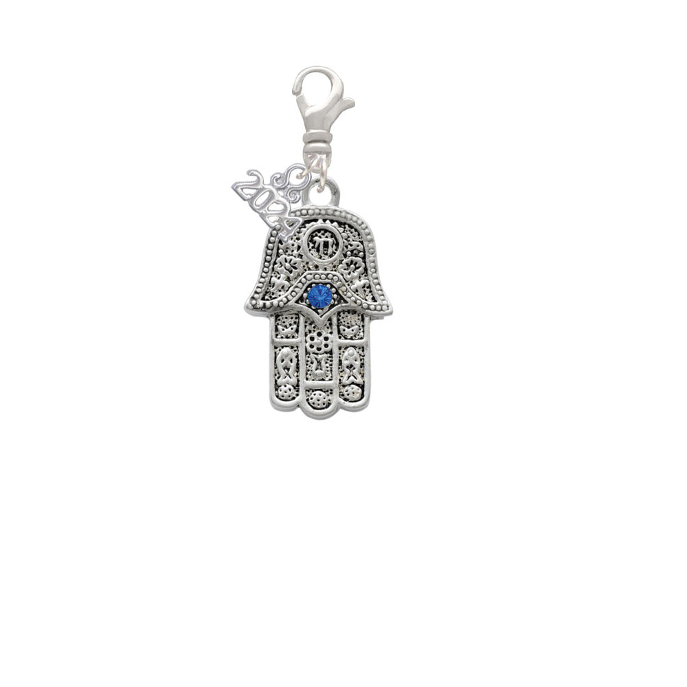 Delight Jewelry Silvertone Hamsa Hand with Blue Crystal Clip on Charm with Year 2024 Image 2