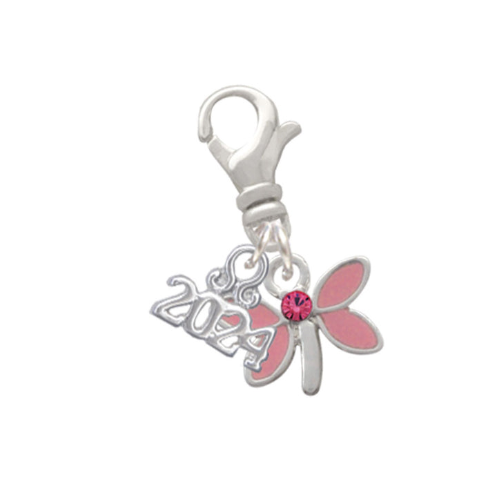 Delight Jewelry Silvertone Pink Dragonfly with Crystal Clip on Charm with Year 2024 Image 1