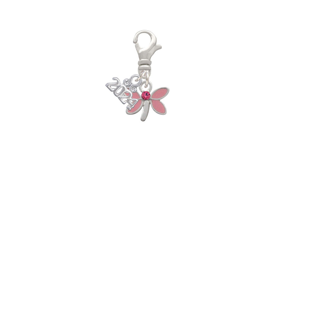 Delight Jewelry Silvertone Pink Dragonfly with Crystal Clip on Charm with Year 2024 Image 2