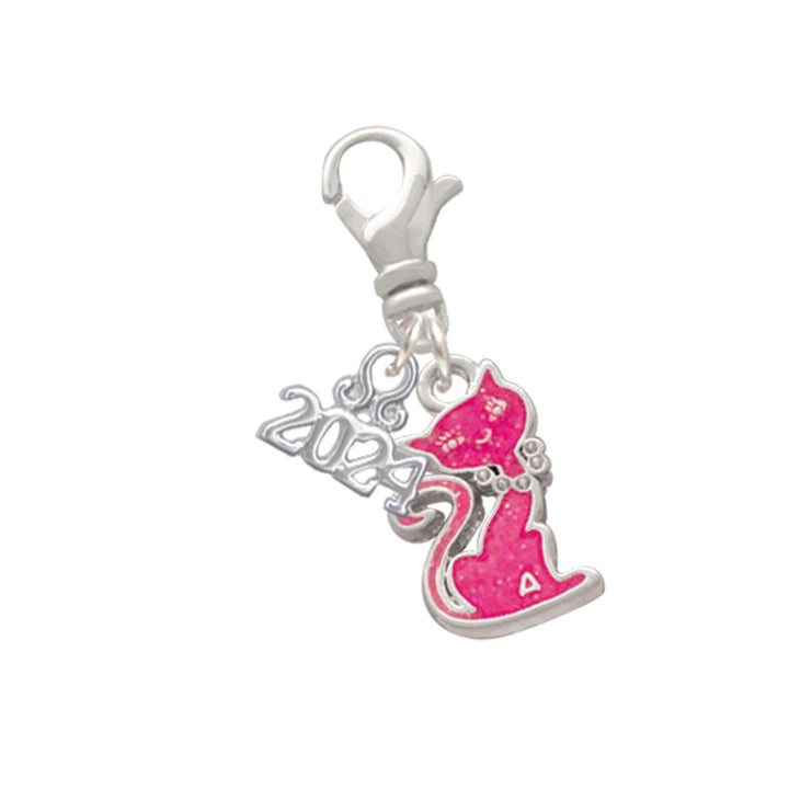 Delight Jewelry Silvertone Hot Pink Glitter Cat Clip on Charm with Year 2024 Image 1