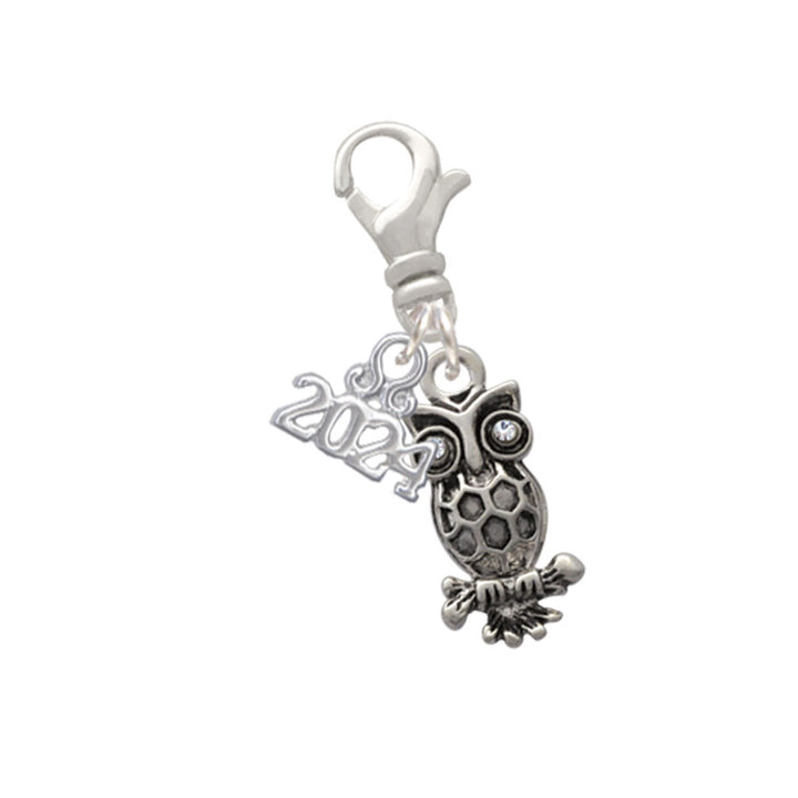 Delight Jewelry Silvertone Antiqued Owl with Clear Crystal Eyes Clip on Charm with Year 2024 Image 1