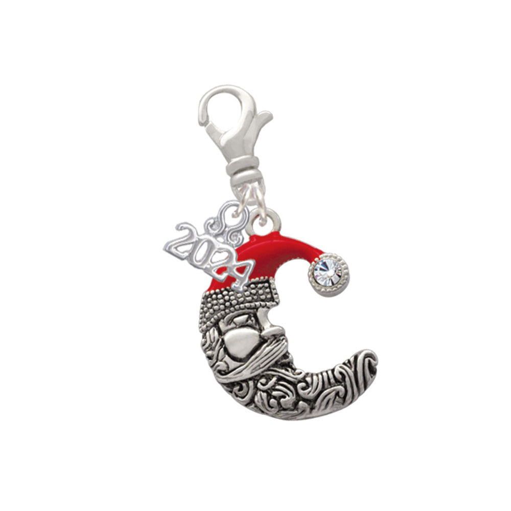 Delight Jewelry Silvertone Large Crescent Moon Santa Face Clip on Charm with Year 2024 Image 1