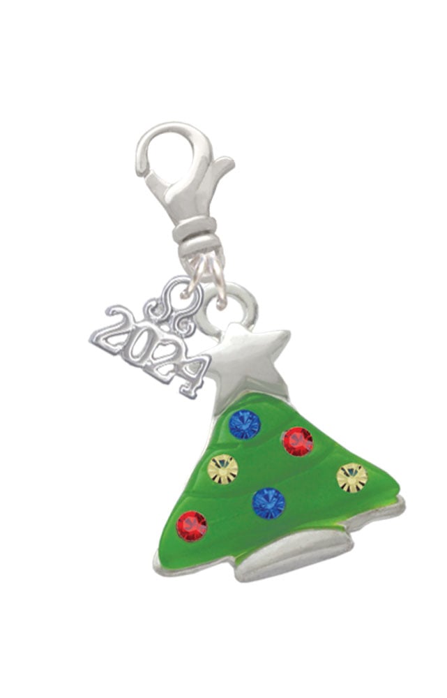 Delight Jewelry Silvertone Green Resin Christmas Tree with Crystals Clip on Charm with Year 2024 Image 1