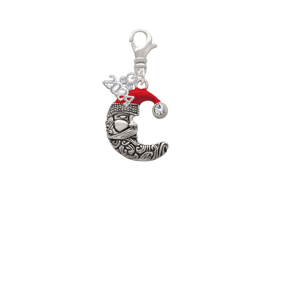 Delight Jewelry Silvertone Large Crescent Moon Santa Face Clip on Charm with Year 2024 Image 2