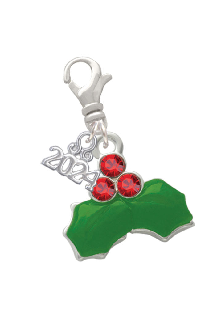 Delight Jewelry Silvertone Christmas Holly and Red Crystal Berries Clip on Charm with Year 2024 Image 1