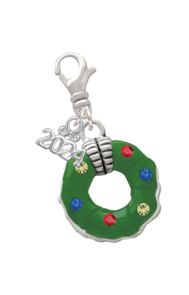 Delight Jewelry Silvertone Green Resin Wreath with Crystals Clip on Charm with Year 2024 Image 1