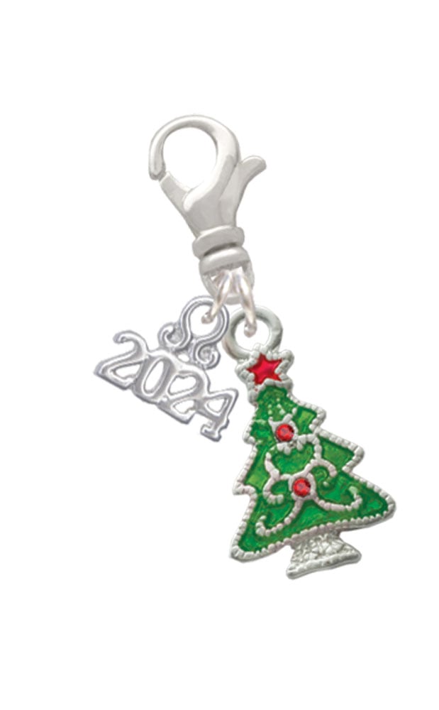 Delight Jewelry Silvertone Green Christmas Tree with Red Crystals Clip on Charm with Year 2024 Image 1