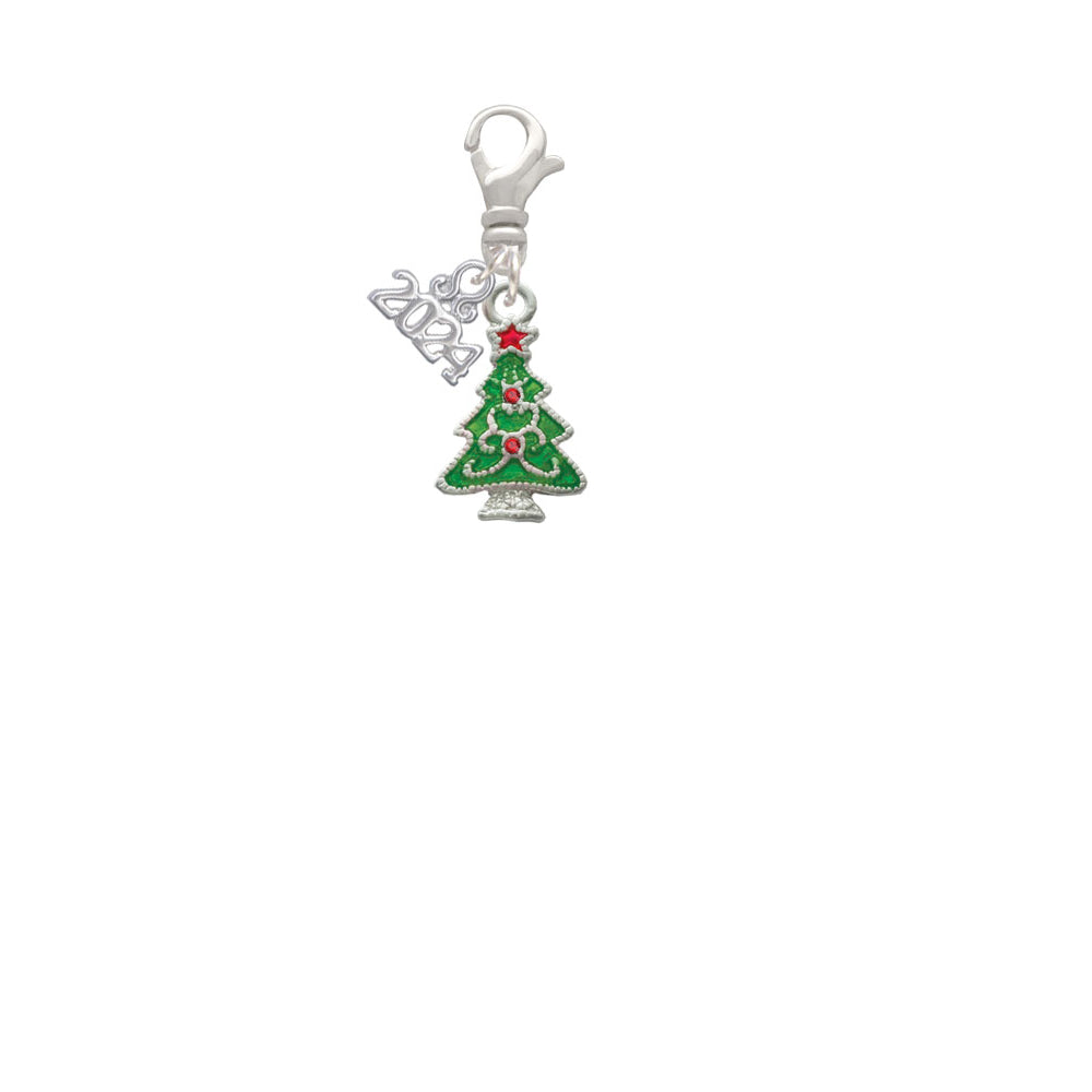 Delight Jewelry Silvertone Green Christmas Tree with Red Crystals Clip on Charm with Year 2024 Image 2