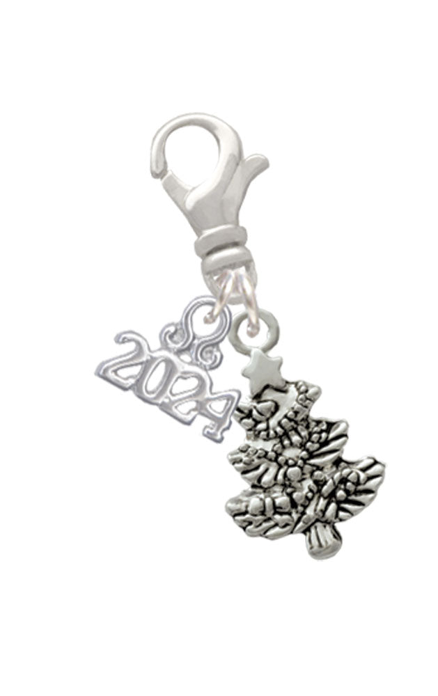 Delight Jewelry Silvertone Antiqued Christmas Tree Clip on Charm with Year 2024 Image 1
