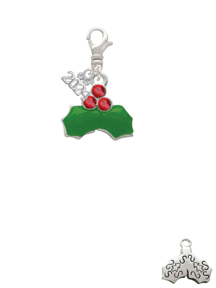 Delight Jewelry Silvertone Christmas Holly and Red Crystal Berries Clip on Charm with Year 2024 Image 2