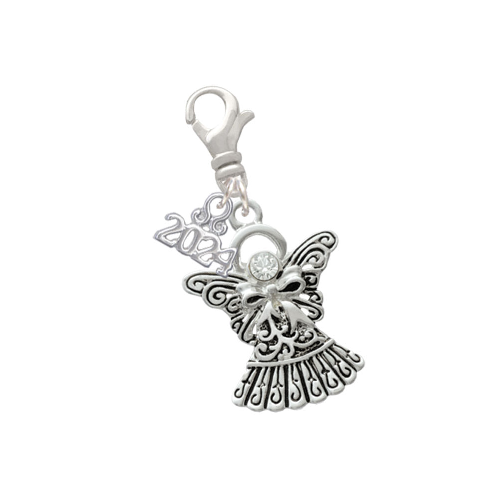 Delight Jewelry Silvertone Antiqued Angel with Bow and Crystal Clip on Charm with Year 2024 Image 1