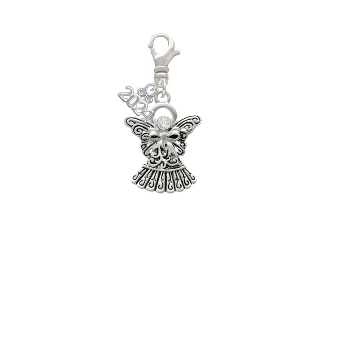 Delight Jewelry Silvertone Antiqued Angel with Bow and Crystal Clip on Charm with Year 2024 Image 2