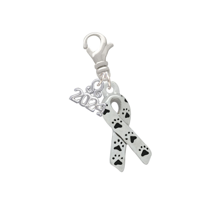 Delight Jewelry Silvertone Small Antiqued Ribbon with Paws Clip on Charm with Year 2024 Image 1