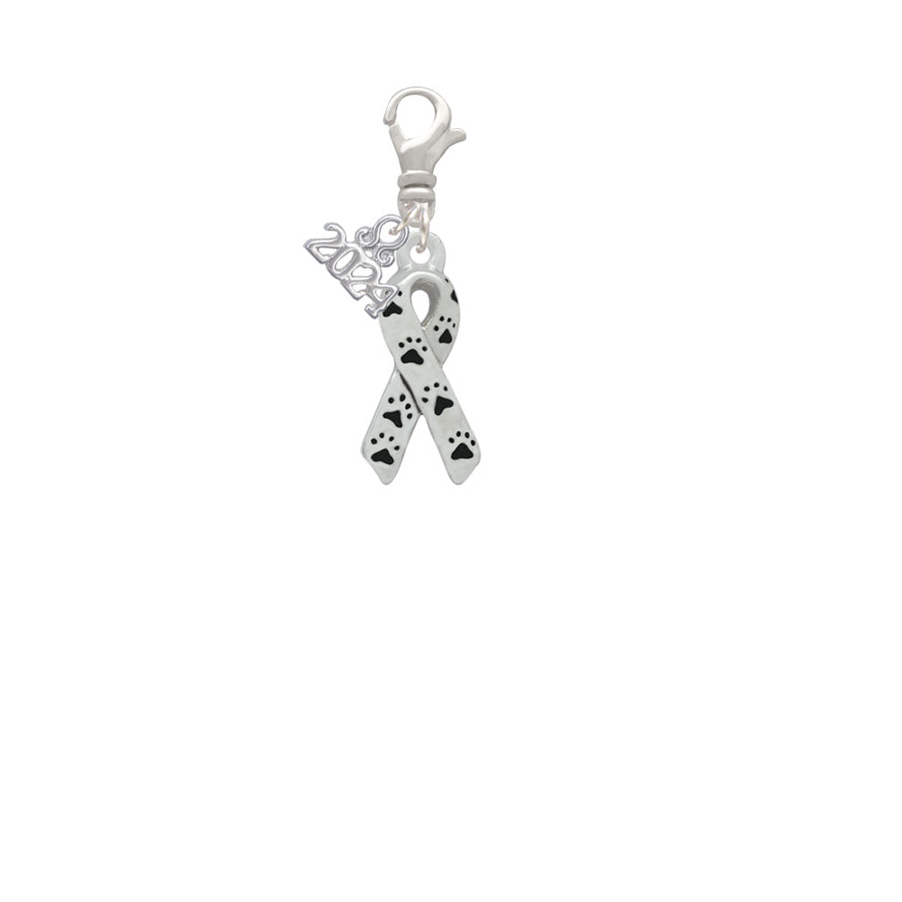 Delight Jewelry Silvertone Small Antiqued Ribbon with Paws Clip on Charm with Year 2024 Image 2