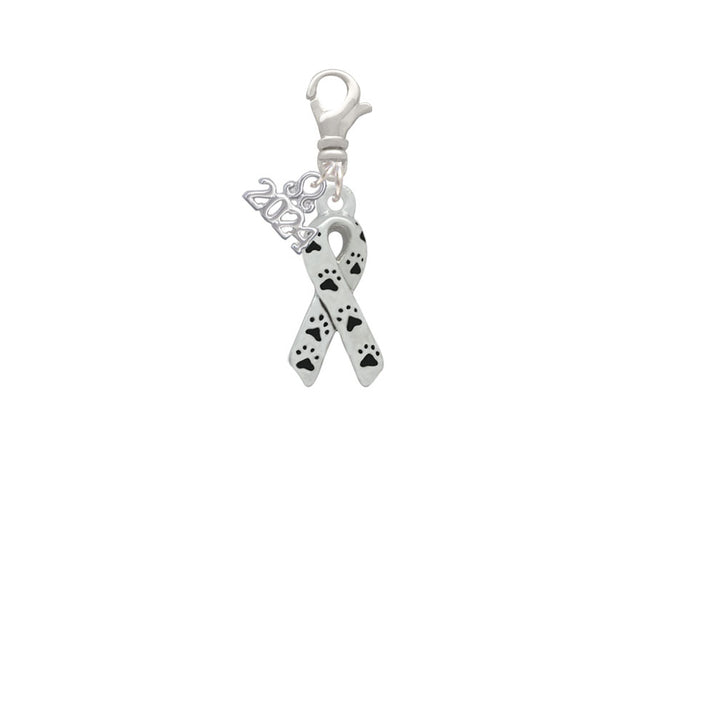 Delight Jewelry Silvertone Small Antiqued Ribbon with Paws Clip on Charm with Year 2024 Image 2