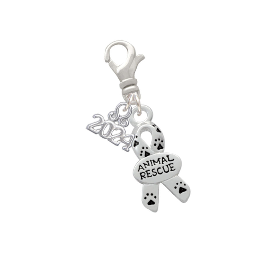 Delight Jewelry Silvertone Small Paw Print Ribbon Animal Rescue Clip on Charm with Year 2024 Image 1