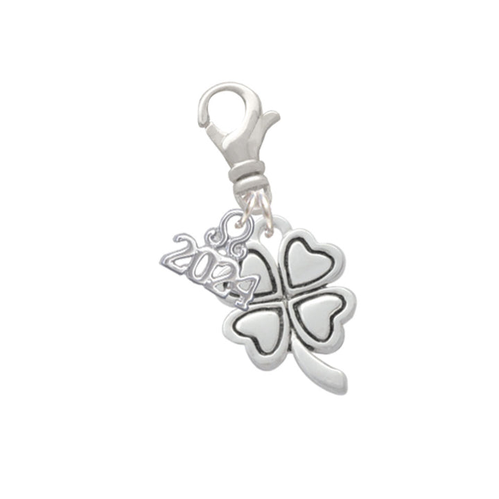 Delight Jewelry Silvertone Antiqued Four Leaf Clover Clip on Charm with Year 2024 Image 1