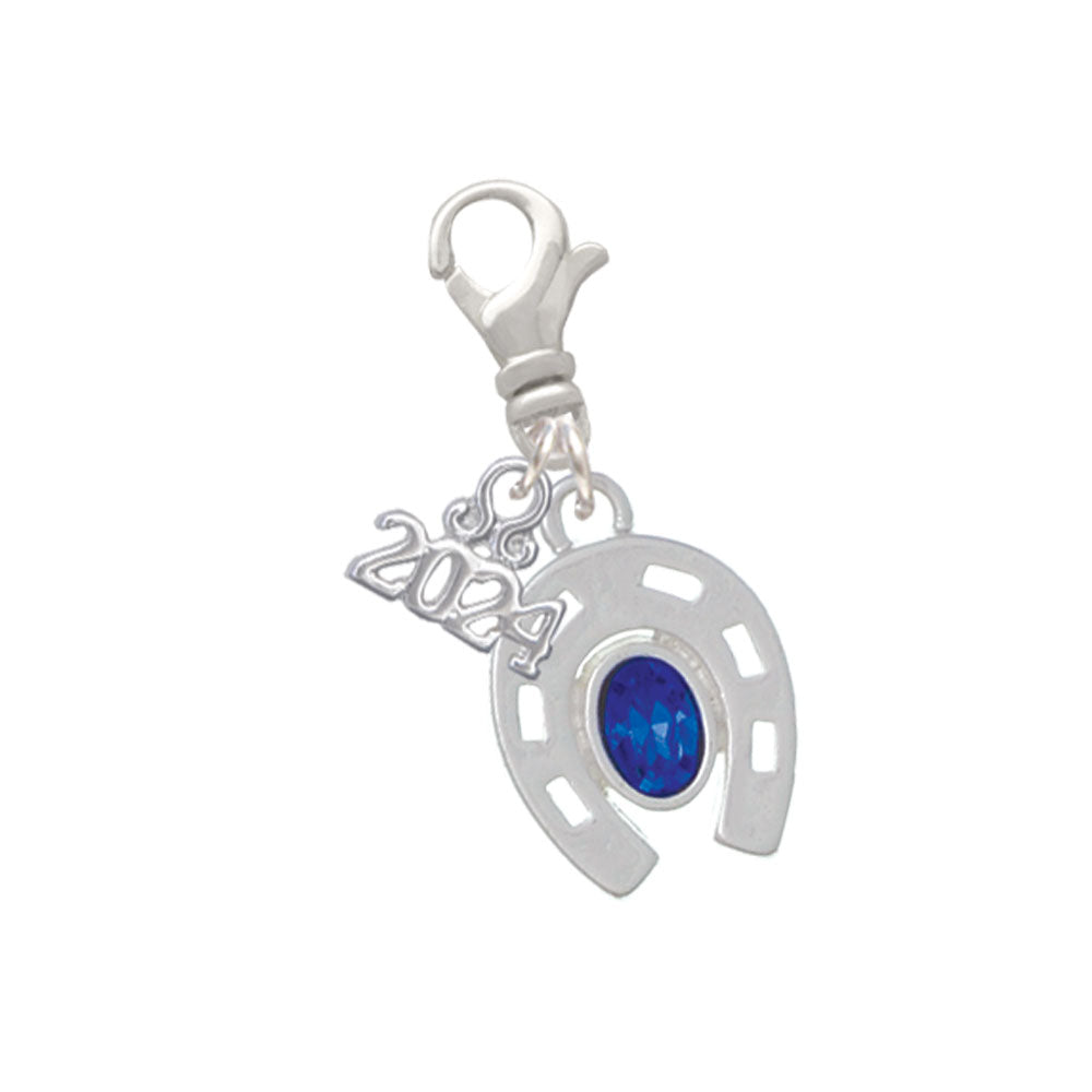 Delight Jewelry Silvertone Horseshoe with Oval Blue Crystal Clip on Charm with Year 2024 Image 1