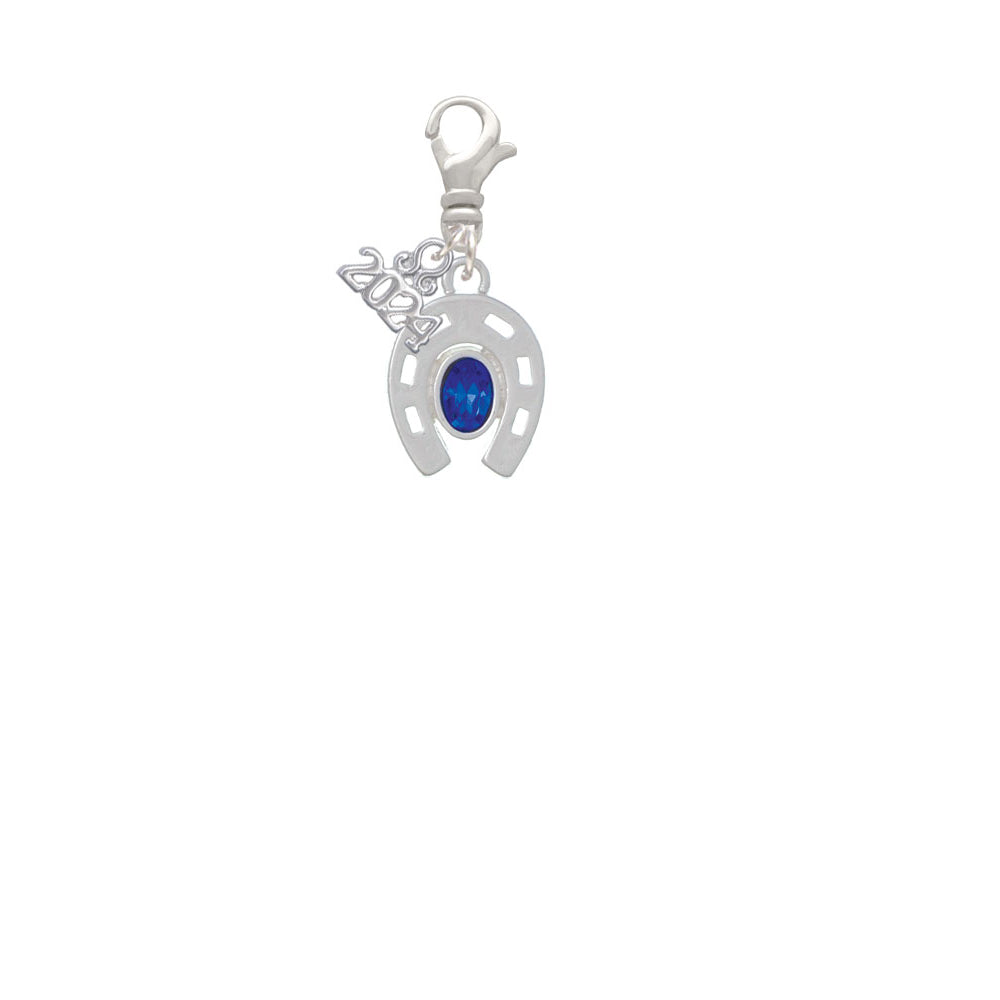 Delight Jewelry Silvertone Horseshoe with Oval Blue Crystal Clip on Charm with Year 2024 Image 2