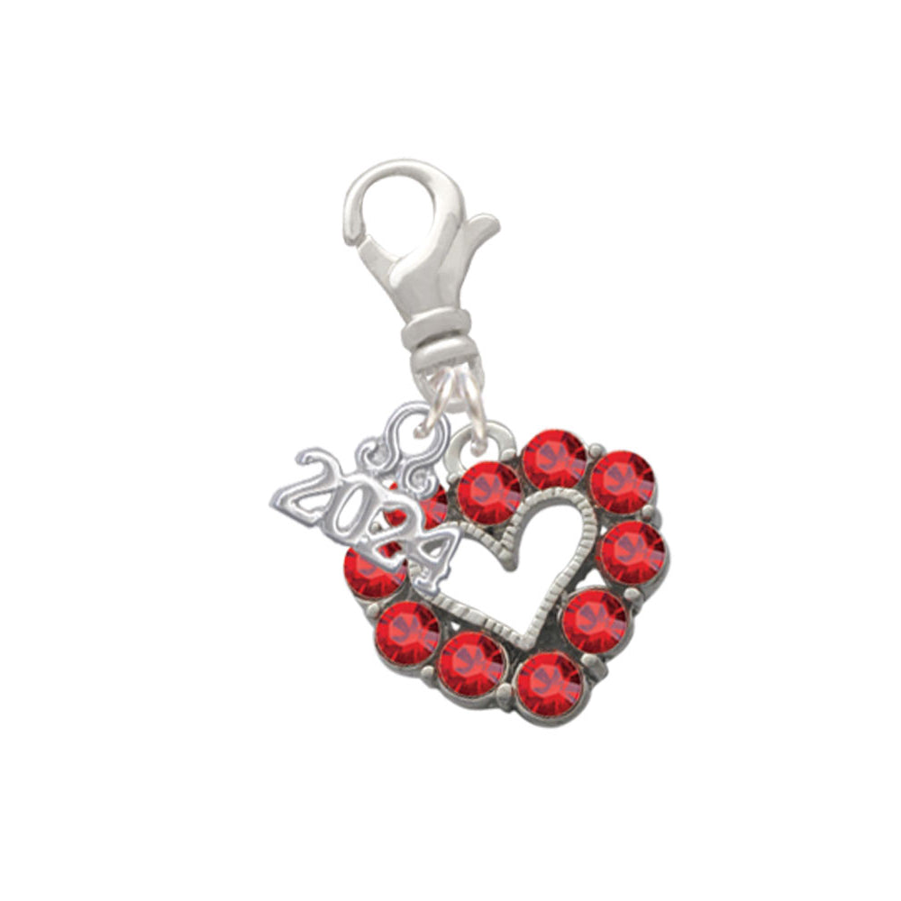 Delight Jewelry Silvertone Open Heart with Red Crystal Border Clip on Charm with Year 2024 Image 1
