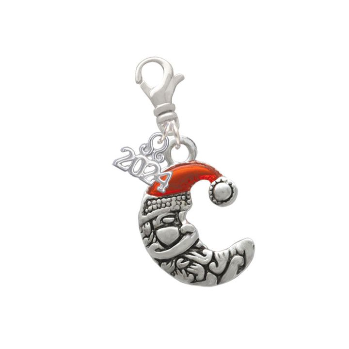 Delight Jewelry Silvertone Small Crescent Moon Santa Clip on Charm with Year 2024 Image 1