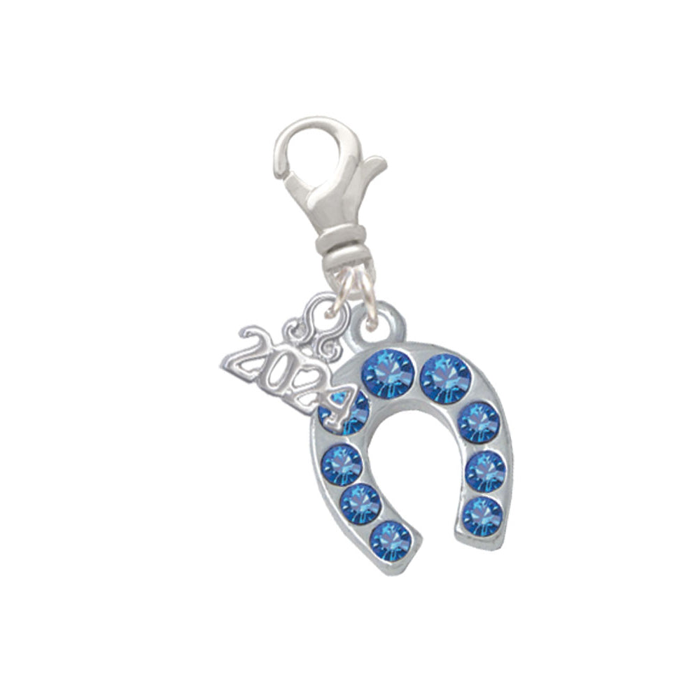 Delight Jewelry Silvertone Blue Crystal Horseshoe Clip on Charm with Year 2024 Image 1