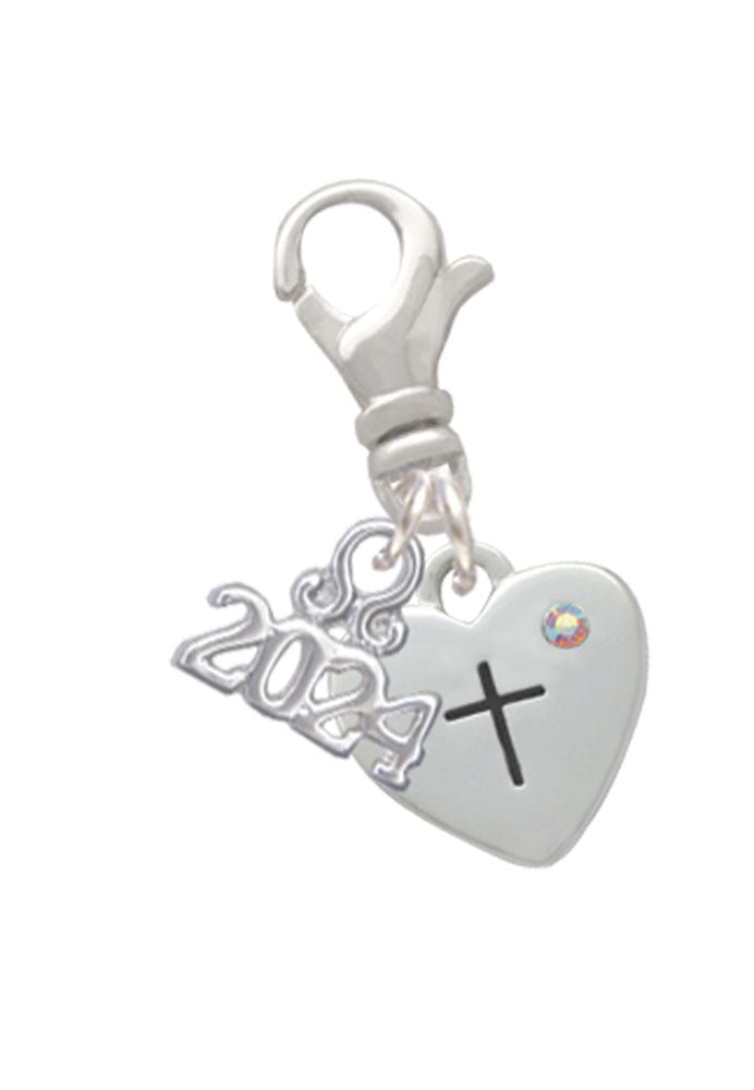 Delight Jewelry Silvertone Small Heart with Cross and Fish with Crystal Clip on Charm with Year 2024 Image 1
