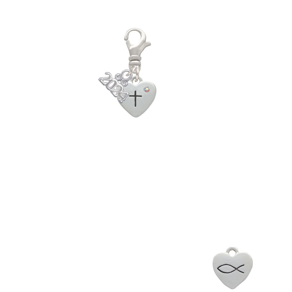 Delight Jewelry Silvertone Small Heart with Cross and Fish with Crystal Clip on Charm with Year 2024 Image 2