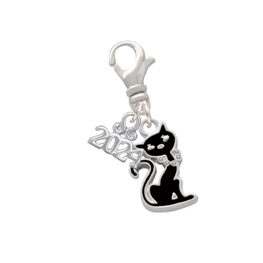 Delight Jewelry Silvertone Black Sitting Cat Clip on Charm with Year 2024 Image 1
