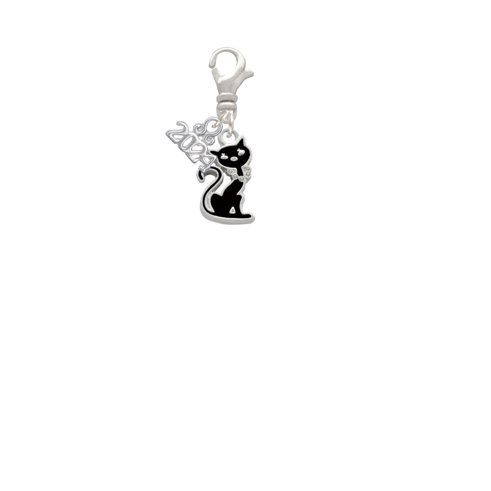 Delight Jewelry Silvertone Black Sitting Cat Clip on Charm with Year 2024 Image 2