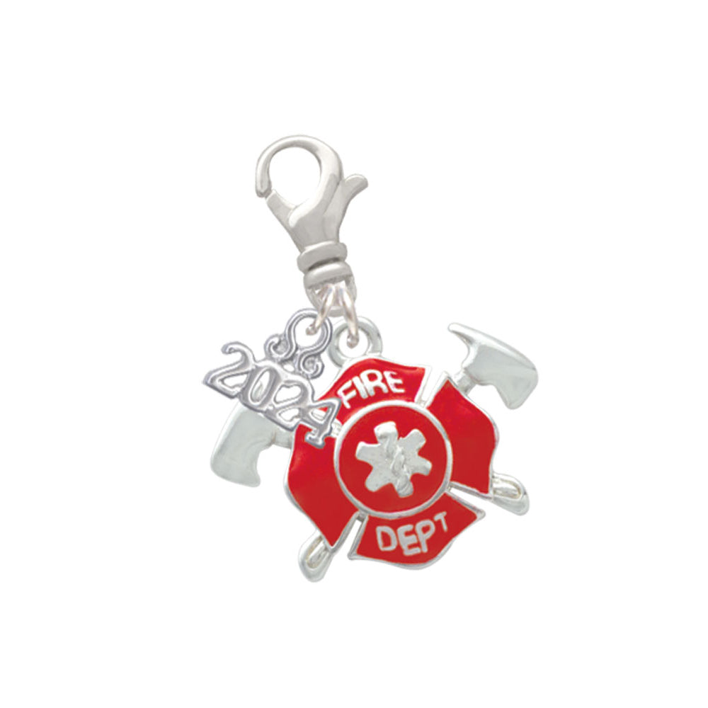 Delight Jewelry Silvertone Red Fire Department Shield with Axes Clip on Charm with Year 2024 Image 1