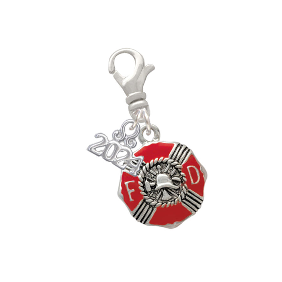 Delight Jewelry Silvertone Red Enamel Fire Department Medallion Clip on Charm with Year 2024 Image 1