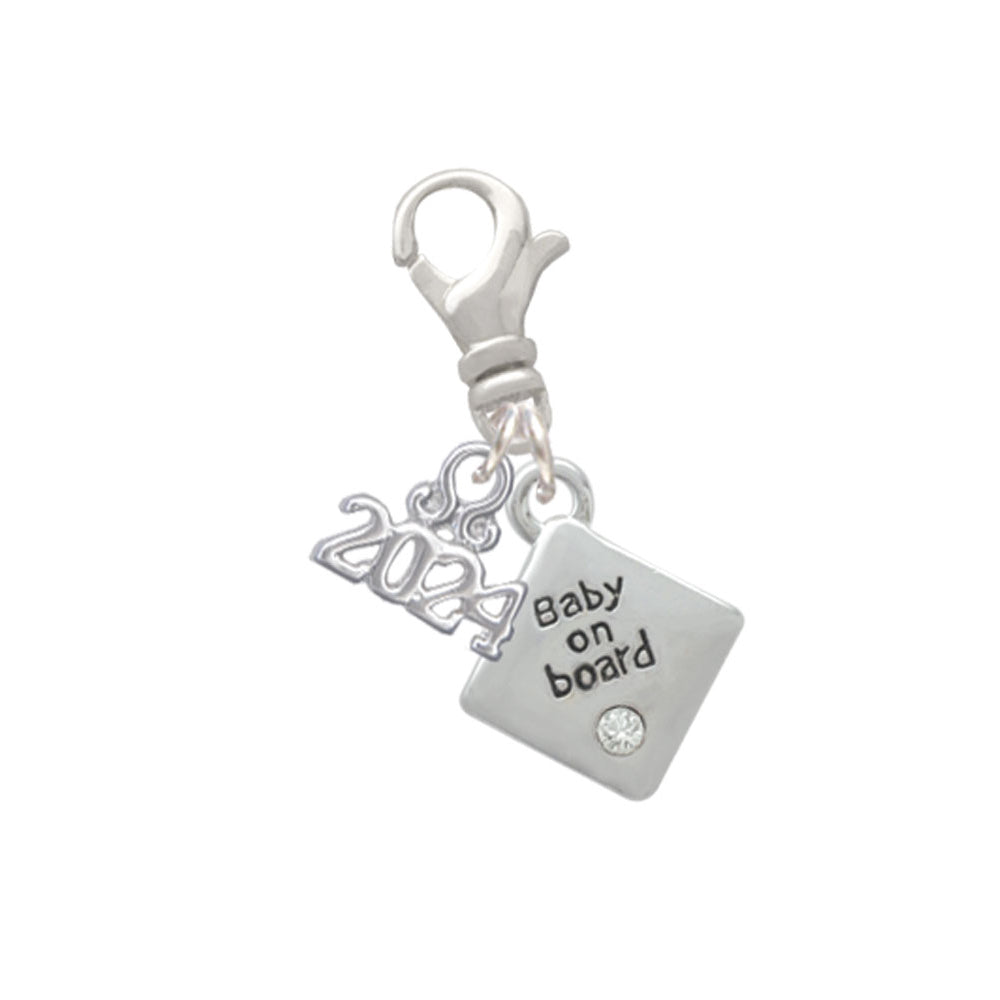 Delight Jewelry Silvertone 2-D Baby on Board Sign with Foot Print Clip on Charm with Year 2024 Image 1