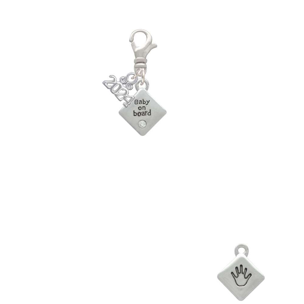 Delight Jewelry Silvertone 2-D Baby on Board Sign with Foot Print Clip on Charm with Year 2024 Image 2