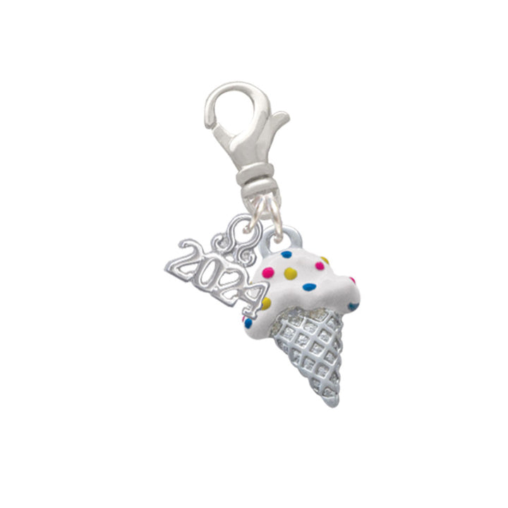 Delight Jewelry Silvertone 2-D Vanilla Ice Cream Cone with Sprinkles Clip on Charm with Year 2024 Image 1